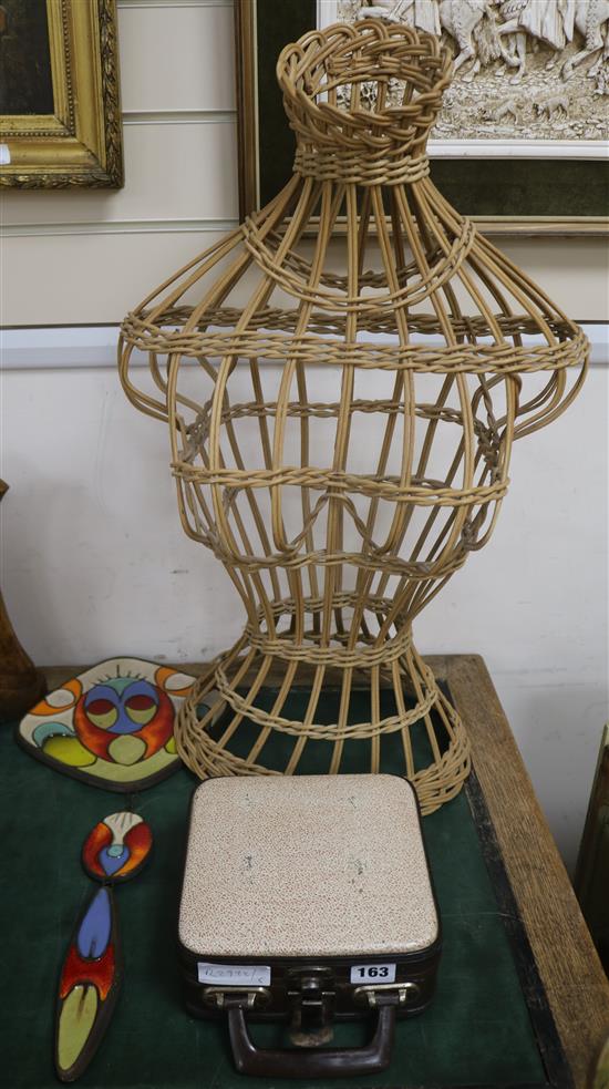 A wicker Taylors dummy, ceramic 1970s plaque and French Boulle